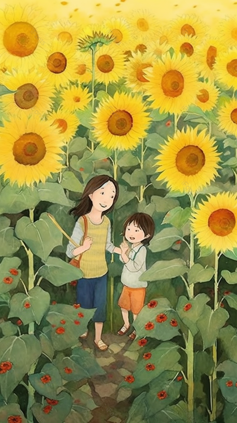 在向日葵花田里玩耍的天真无邪的两位小女孩,插画/手绘图,插画/手绘图库,插画/手绘图下载,插画/手绘